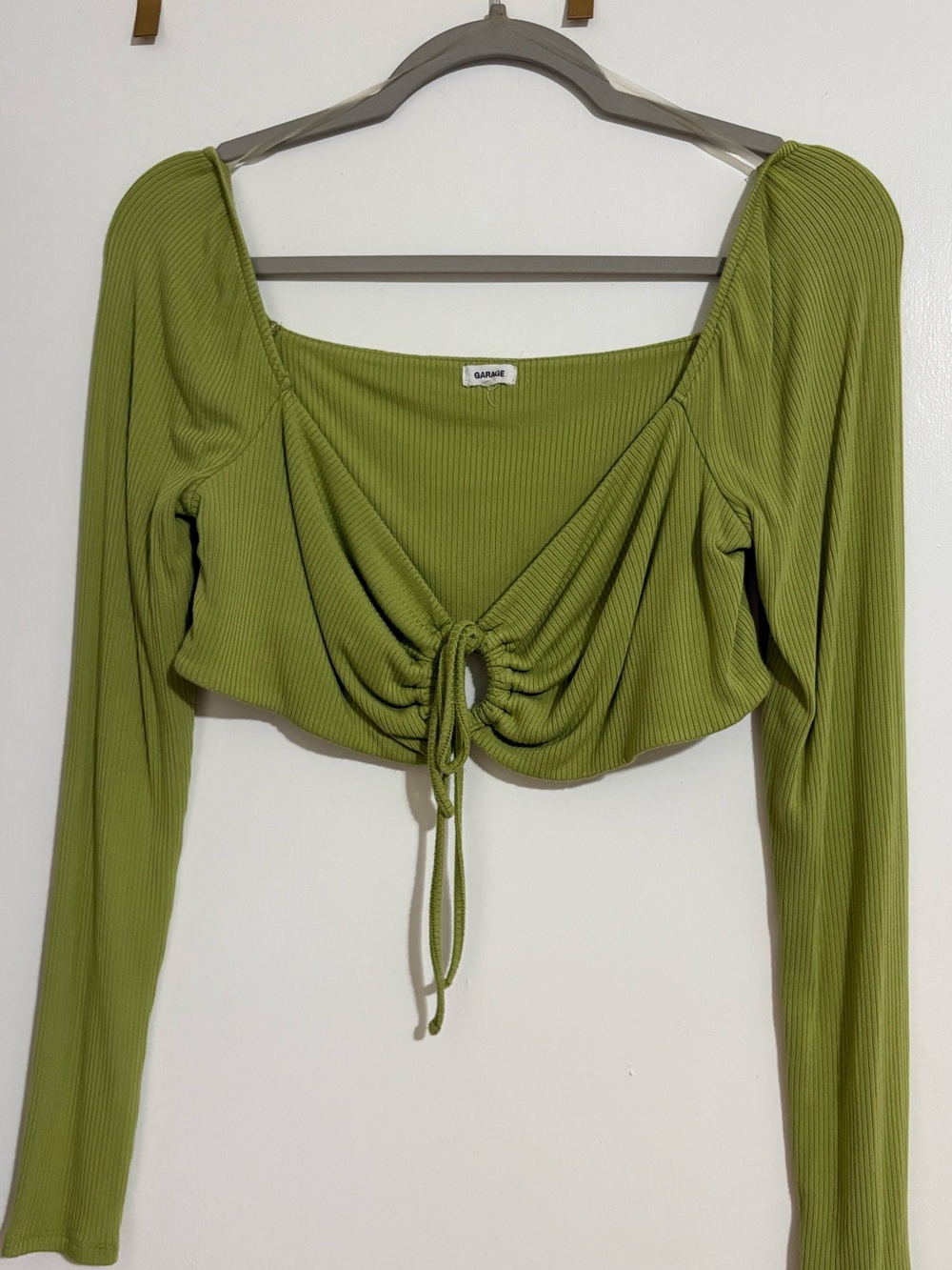 Garage Olive Ribbed Ruched Drawstring Crop Top